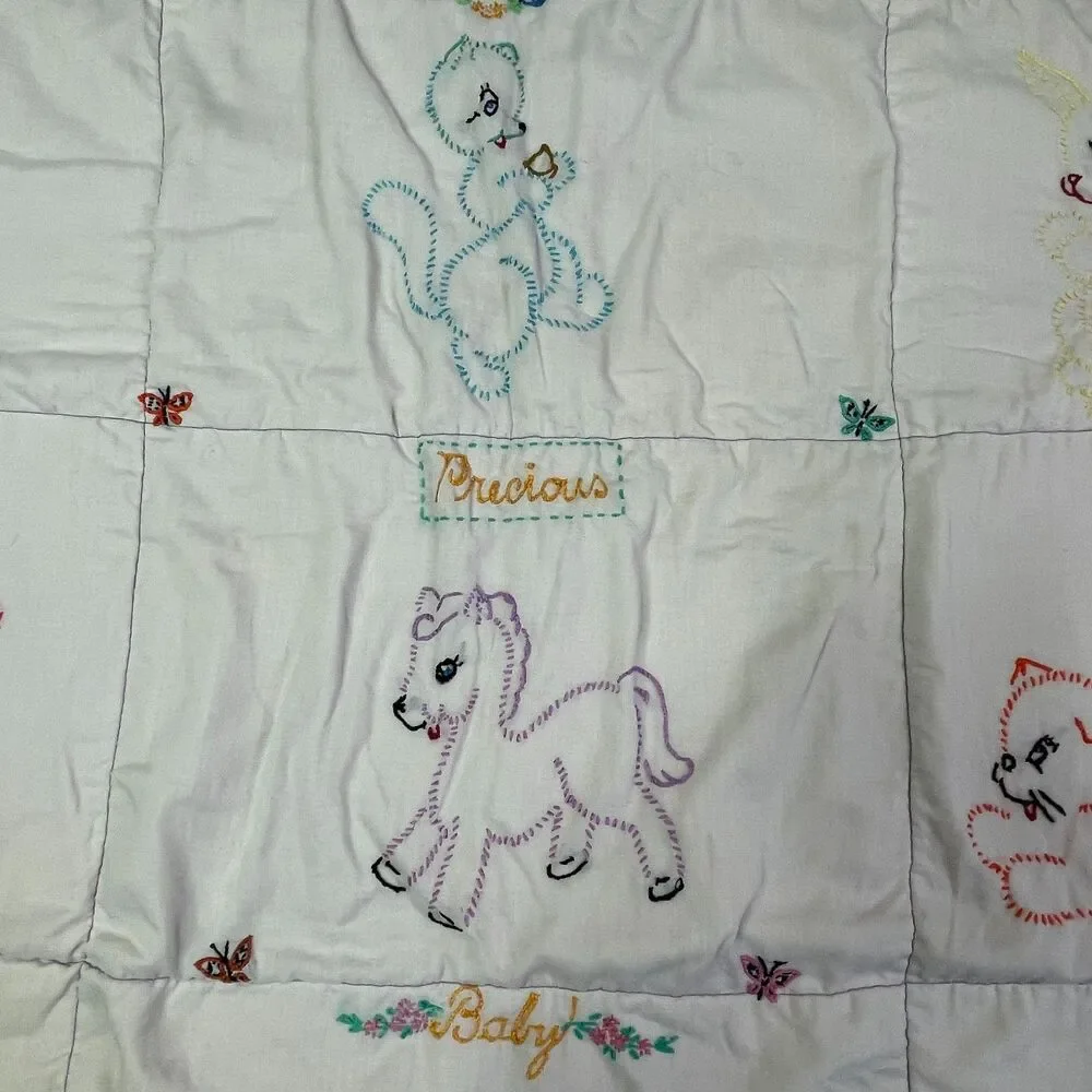 Vintage Baby Quilt Hand Embroidered Animals Pastel Crib Blanket‎ Handmade 36x30